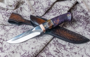 Нож Бурлак сталь Elmax рукоять мокумэ-ганэ, кость мамонта и стабилизированная карельская береза фиолетовая Нож Бурлак сталь Elmax рукоять мокумэ-ганэ, кость мамонта и стабилизированная карельская береза фиолетовая