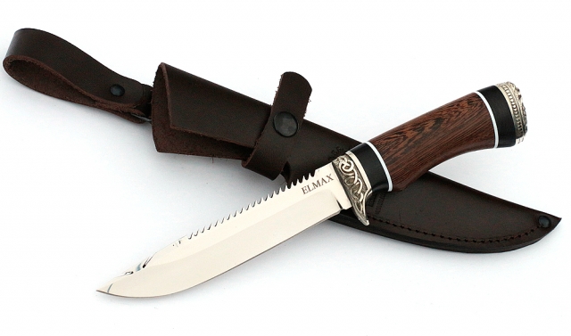 Нож Рыболов-4 сталь ELMAX, рукоять венге-черный граб,мельхиор 