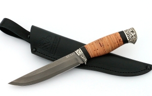 Нож Тритон-2 сталь булат, рукоять береста-черный граб, мельхиор