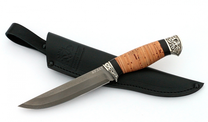 Нож Тритон-2 сталь булат, рукоять береста-черный граб, мельхиор