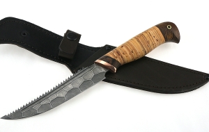 Нож Рыболов-5 сталь дамаск полный камень рукоять береста