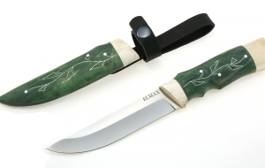 Нож Гриф сталь ELMAX, рукоять и ножны карельская береза стабилизированная изумруд+ рог лося с инкрустацией 1