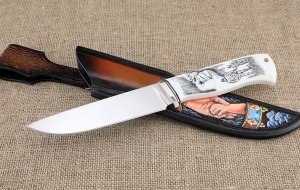 Премиум нож Ягуар сталь Elmax, рукоять рог лося со скримшоу 