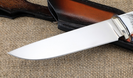 Премиум нож Ягуар сталь Elmax, рукоять рог лося со скримшоу  Премиум нож Ягуар сталь Elmax, рукоять рог лося со скримшоу