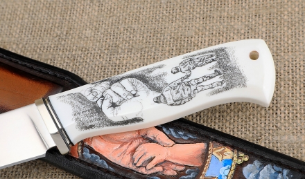 Премиум нож Ягуар сталь Elmax, рукоять рог лося со скримшоу  Премиум нож Ягуар сталь Elmax, рукоять рог лося со скримшоу