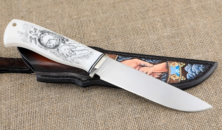 Премиум нож Ягуар сталь Elmax, рукоять рог лося со скримшоу  Премиум нож Ягуар сталь Elmax, рукоять рог лося со скримшоу