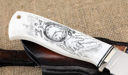 Премиум нож Ягуар сталь Elmax, рукоять рог лося со скримшоу  Премиум нож Ягуар сталь Elmax, рукоять рог лося со скримшоу