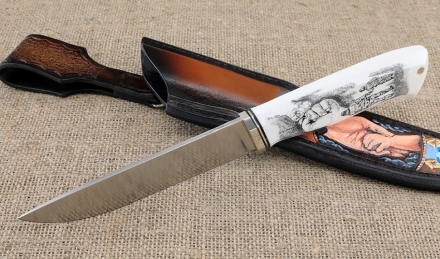 Премиум нож Ягуар сталь Elmax, рукоять рог лося со скримшоу  Премиум нож Ягуар сталь Elmax, рукоять рог лося со скримшоу