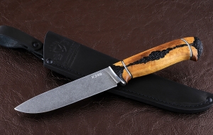 Нож Пантера сталь К340, рукоять карельская береза резная янтарь