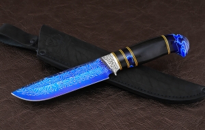 Нож Барракуда сталь дамаск торцевой с воронением рукоять черный граб акрил, мельхиор