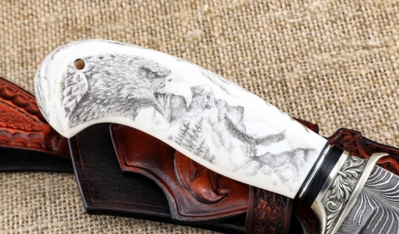 Премиум нож Лидер сталь дамаск торцевой рукоять рог лося с мельхиором, скримшоу (NEW) Премиум нож Лидер сталь дамаск торцевой рукоять рог лося с мельхиором, скримшоу (NEW)