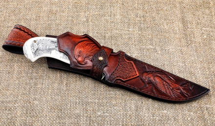 Премиум нож Лидер сталь дамаск торцевой рукоять рог лося с мельхиором, скримшоу (NEW) Премиум нож Лидер сталь дамаск торцевой рукоять рог лося с мельхиором, скримшоу (NEW)