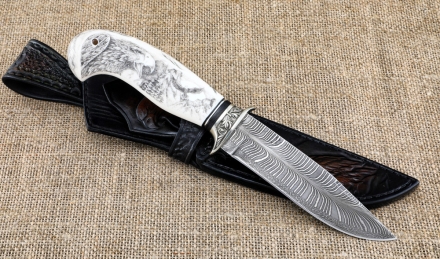Премиум нож Лидер сталь дамаск торцевой рукоять рог лося с мельхиором, скримшоу (NEW) Премиум нож Лидер сталь дамаск торцевой рукоять рог лося с мельхиором, скримшоу (NEW)