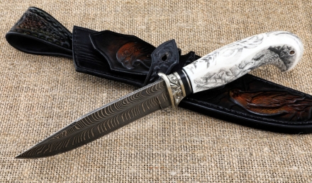 Премиум нож Лидер сталь дамаск торцевой рукоять рог лося с мельхиором, скримшоу (NEW) Премиум нож Лидер сталь дамаск торцевой рукоять рог лося с мельхиором, скримшоу (NEW)