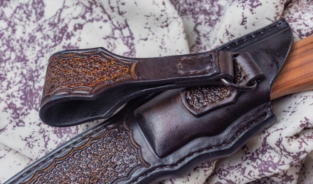 Нож из стали S390 «Волк» рукоять мокумэ-ганэ, кость мамонта и палисандр  Нож из стали S390 «Волк» рукоять мокумэ-ганэ, кость мамонта и палисандр