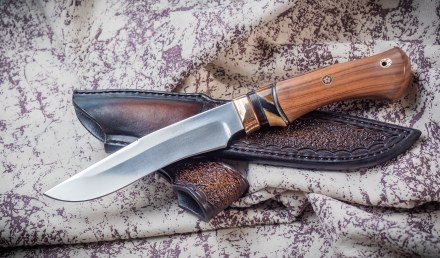 Нож из стали S390 «Волк» рукоять мокумэ-ганэ, кость мамонта и палисандр