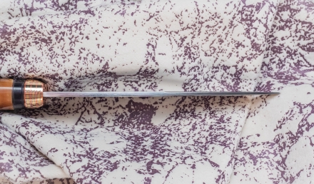 Нож из стали S390 «Волк» рукоять мокумэ-ганэ, кость мамонта и палисандр  Нож из стали S390 «Волк» рукоять мокумэ-ганэ, кость мамонта и палисандр