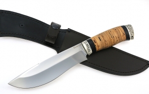 Нож Сибиряк сталь ELMAX, рукоять береста-черный граб,мельхиор
