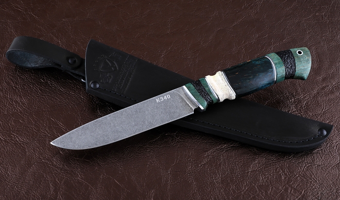 Нож Пантера сталь К340, рукоять карельская береза резная черный граб