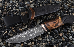 Премиум Нож Барракуда-2 дамаск торцевой, рукоять мокуме-гане и ножны черный граб резной кость мамонта