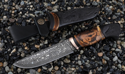 Премиум Нож Барракуда-2 дамаск торцевой, рукоять мокуме-гане и ножны черный граб резной кость мамонта