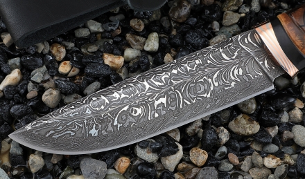 Премиум Нож Барракуда-2 дамаск торцевой, рукоять мокуме-гане и ножны черный граб резной кость мамонта Премиум Нож Барракуда-2 дамаск торцевой, рукоять мокуме-гане и ножны черный граб резной кость мамонта
