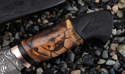 Премиум Нож Барракуда-2 дамаск торцевой, рукоять мокуме-гане и ножны черный граб резной кость мамонта Премиум Нож Барракуда-2 дамаск торцевой, рукоять мокуме-гане и ножны черный граб резной кость мамонта