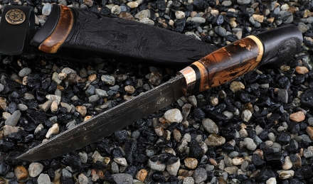 Премиум Нож Барракуда-2 дамаск торцевой, рукоять мокуме-гане и ножны черный граб резной кость мамонта Премиум Нож Барракуда-2 дамаск торцевой, рукоять мокуме-гане и ножны черный граб резной кость мамонта