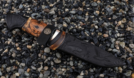 Премиум Нож Барракуда-2 дамаск торцевой, рукоять мокуме-гане и ножны черный граб резной кость мамонта Премиум Нож Барракуда-2 дамаск торцевой, рукоять мокуме-гане и ножны черный граб резной кость мамонта