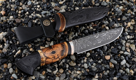 Премиум Нож Барракуда-2 дамаск торцевой, рукоять мокуме-гане и ножны черный граб резной кость мамонта Премиум Нож Барракуда-2 дамаск торцевой, рукоять мокуме-гане и ножны черный граб резной кость мамонта