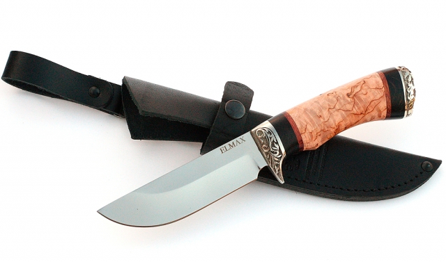 Нож Универсал сталь ELMAX , рукоять карельская береза-черный граб,мельхиор 