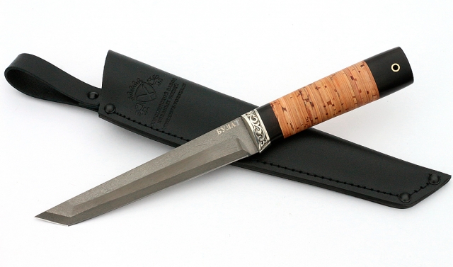 Нож Тантуха-2 сталь булат, рукоять береста-черный граб, мельхиор 