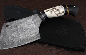 Тяпка №5 сталь дамаск полный камень, рукоять черный граб рог лося