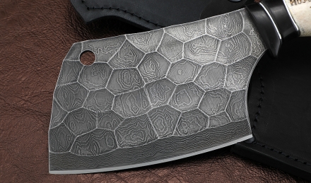 Тяпка №5 сталь дамаск полный камень, рукоять черный граб рог лося