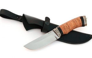 Нож Югра сталь ELMAX, рукоять береста-черный граб,мельхиор