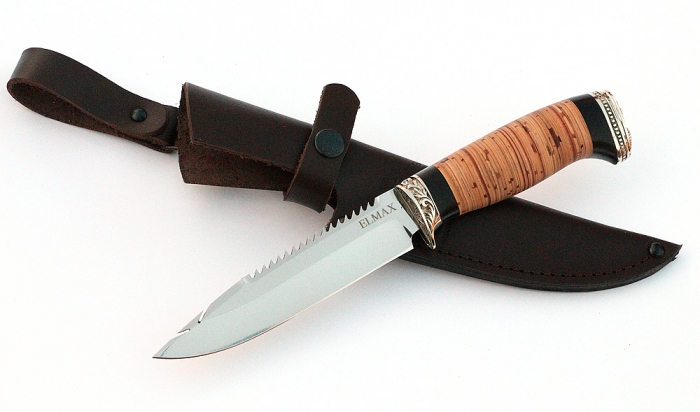 Нож Рыболов-3 сталь ELMAX, рукоять береста-черный граб,мельхиор