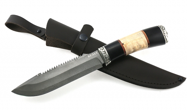 Нож Таёжный сталь булат, рукоять черный граб-карельская береза, мельхиор 