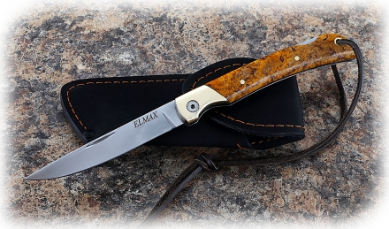 Складной нож Мексиканец, сталь Elmax, рукоять накладки карельская береза стабилизированная янтарь