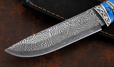 Нож Барракуда дамаск торцевой, рукоять карельская береза синяя рог лося кость мамонта, мельхиор Нож Барракуда дамаск торцевой, рукоять карельская береза синяя рог лося кость мамонта, мельхиор