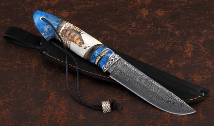 Нож Барракуда дамаск торцевой, рукоять карельская береза синяя рог лося кость мамонта, мельхиор Нож Барракуда дамаск торцевой, рукоять карельская береза синяя рог лося кость мамонта, мельхиор