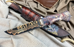 Нож "Алтай" из дамаск ламинированный с воронением, рукоять кап клена фиолетовый