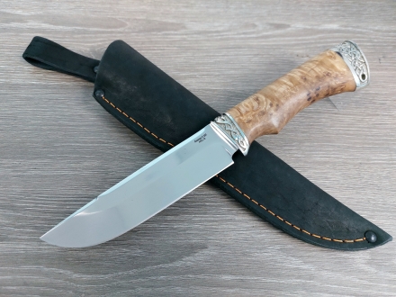 Нож Алтай сталь S390 рукоять карельская береза стабилизированная янтарь, мельхиор (распродажа)