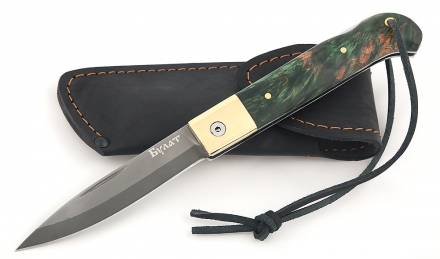 Складной нож Стриж, сталь булат, рукоять накладки карельская береза стабилизированная изумруд