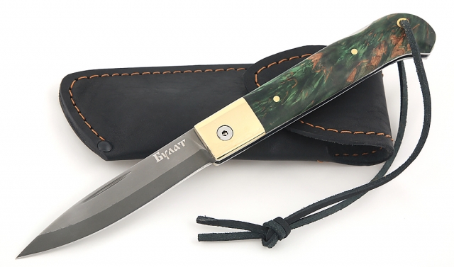 Нож Стриж, складной, сталь булат, рукоять накладки карельская береза стабилизированная изумруд 