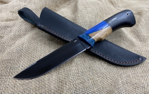 Нож Барракуда сталь У8А (воронение), рукоять черный граб- композит карельская береза и акрил синий (распродажа)