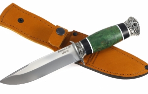 Нож Комбат сталь S390 рукоять черный граб+карельская береза стабилизированная изумруд, мельхиор 1
