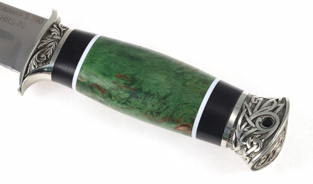 Нож Комбат сталь S390 рукоять черный граб+карельская береза стабилизированная изумруд, мельхиор 1 Нож Комбат сталь S390 рукоять черный граб+карельская береза стабилизированная изумруд, мельхиор 1
