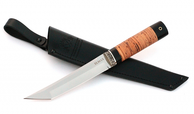 Нож Тантуха-1 сталь ELMAX, рукоять береста-черный граб,мельхиор 
