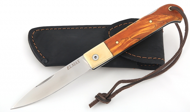 Нож Стриж, складной, сталь Elmax, рукоять накладки карельская береза стабилизированная янтарь 