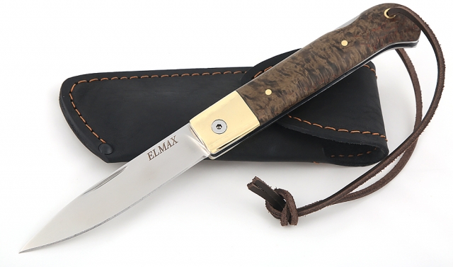 Нож Стриж, складной, сталь Elmax, рукоять накладки карельская береза стабилизированная коричневая 